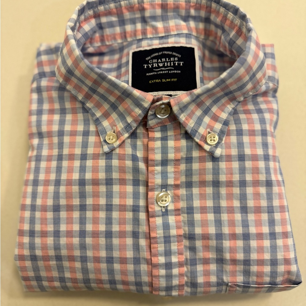 Charles Tyrwhitt Men's Casual Blue and Pink Plaid Shirt